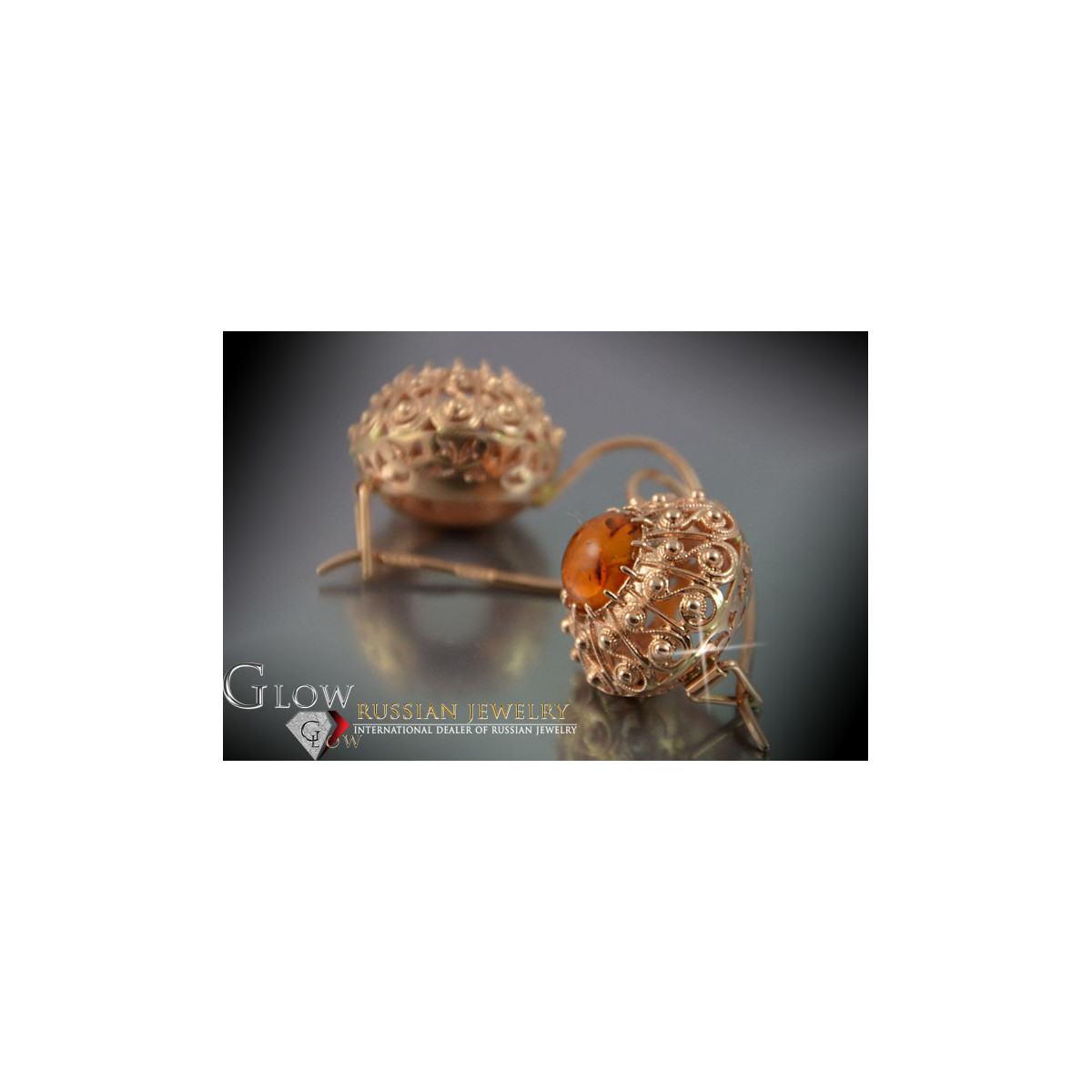 Boucles d’oreilles argentées soviétiques plaquées or rose 925 Amber veab007